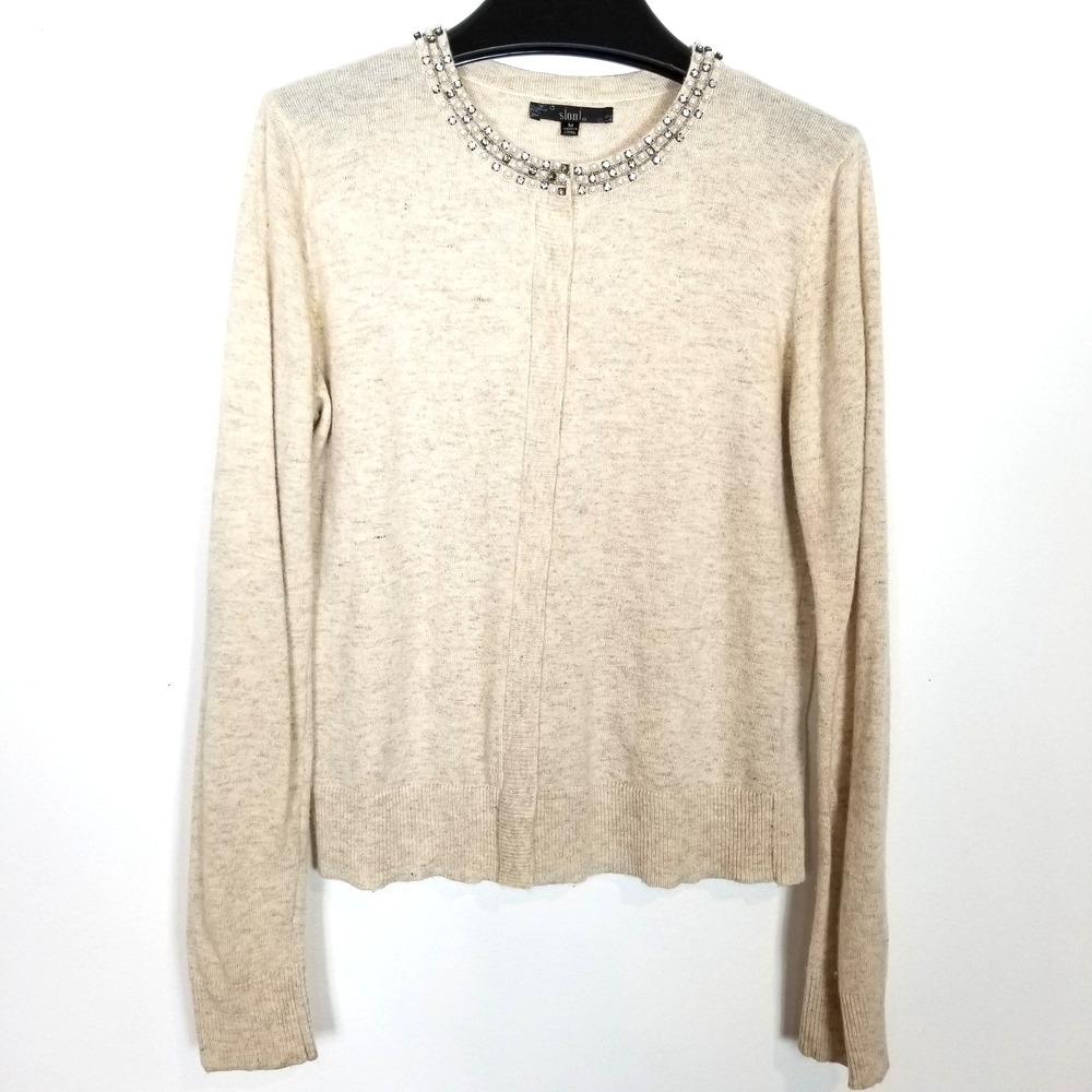 Sinoi Angora  Cashmere Cardigan Sweater Women Sz M Tan Button‎ Up Embellished